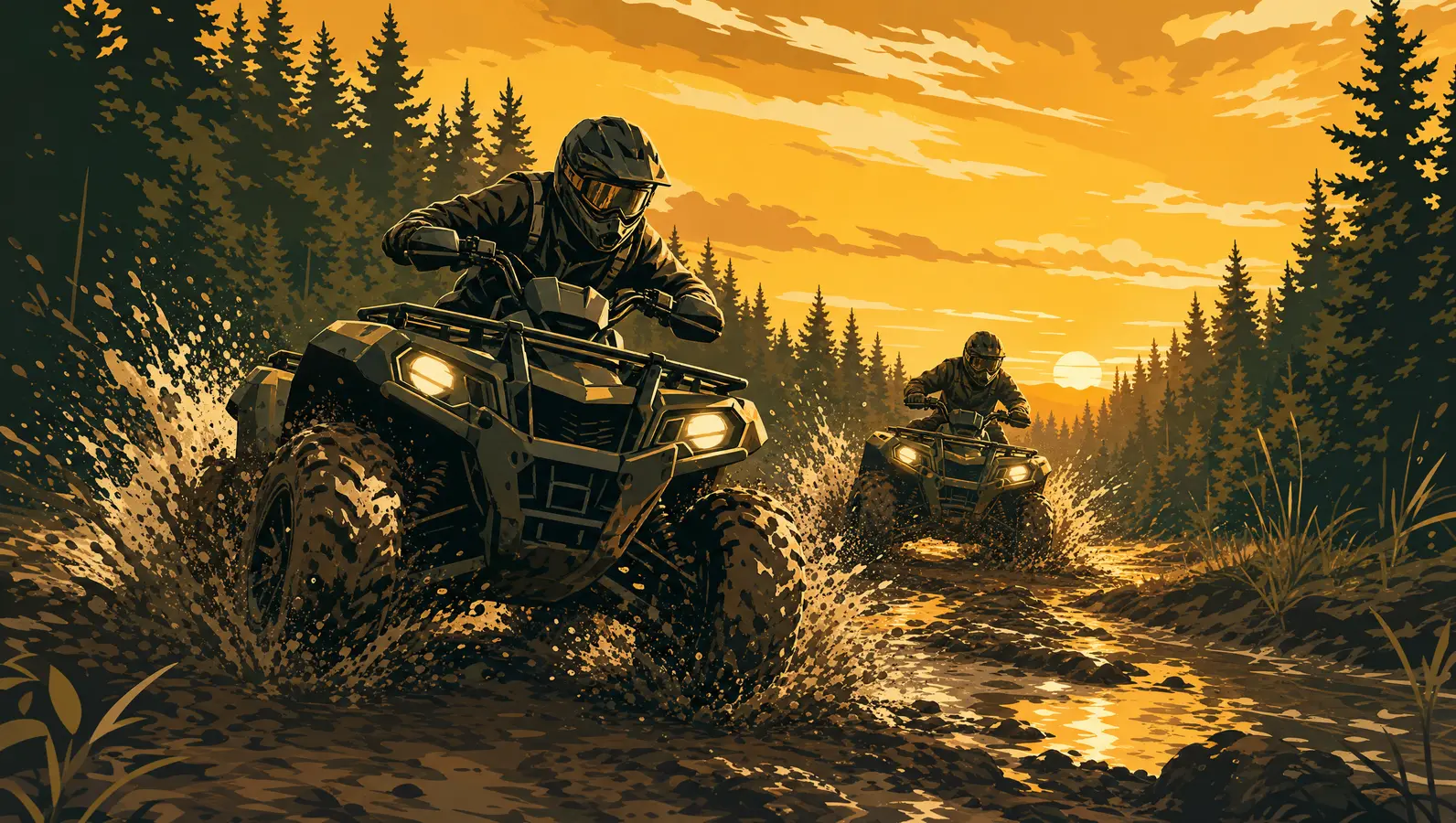 Riders on a muddy trail at dusk
